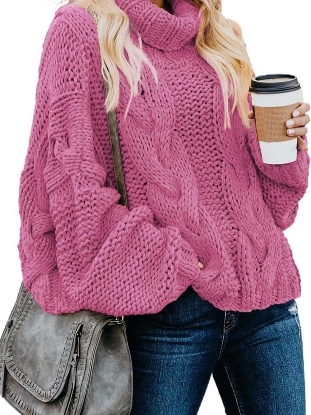Oversized Cable Knit Turtleneck Sweater - Rose Pink